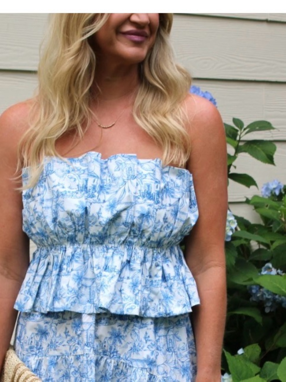 Skies Are Blue White & Light Blue Toile Strapless Peplum Camisole